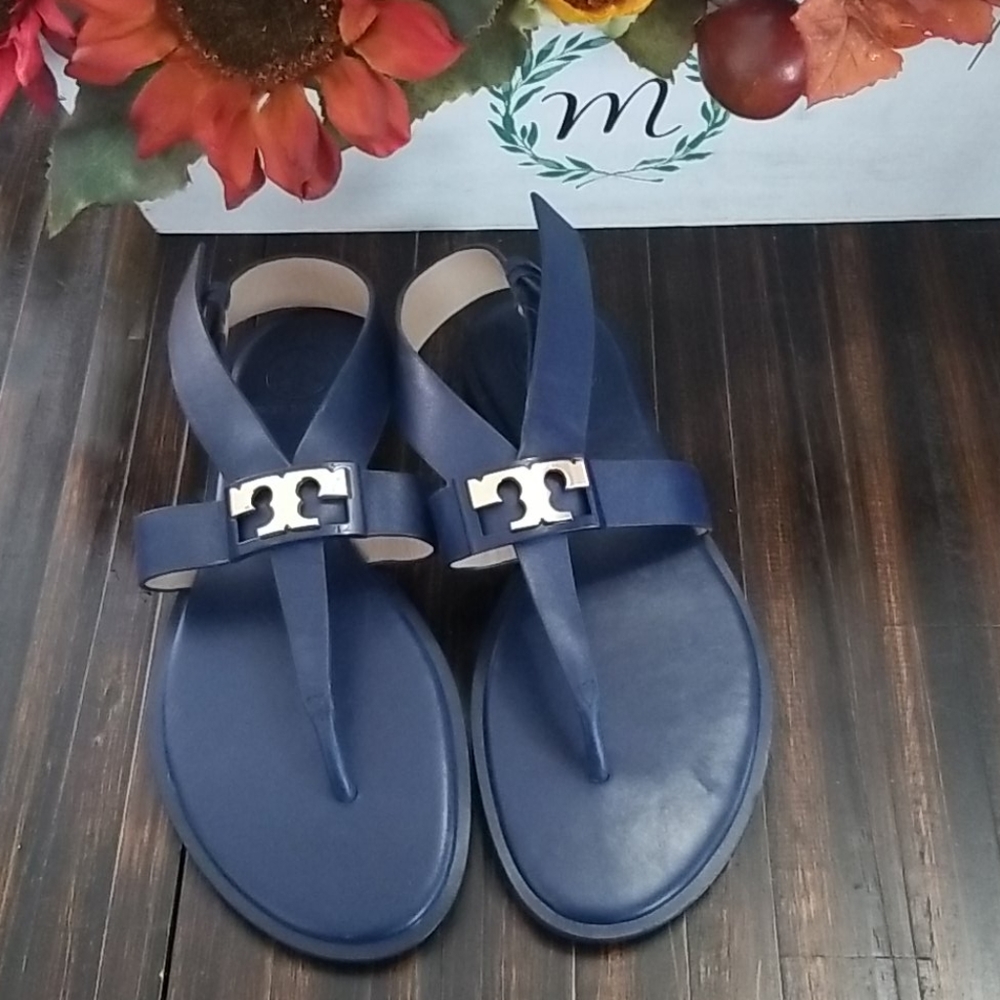 Tory Burch TStrap Navy Blue Leather Sandals Size 5